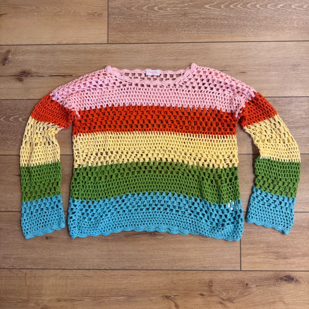 Pink Lily Multicolor Crochet Stripe Sweater - Pink, Red, Yellow, Green, Blue